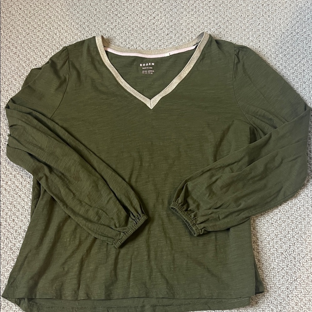 Boden Olive V-Neck Long Sleeve Top